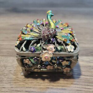 Peacock Trinket Jewelry Box Metal Rhinestone Enamel Colorful
